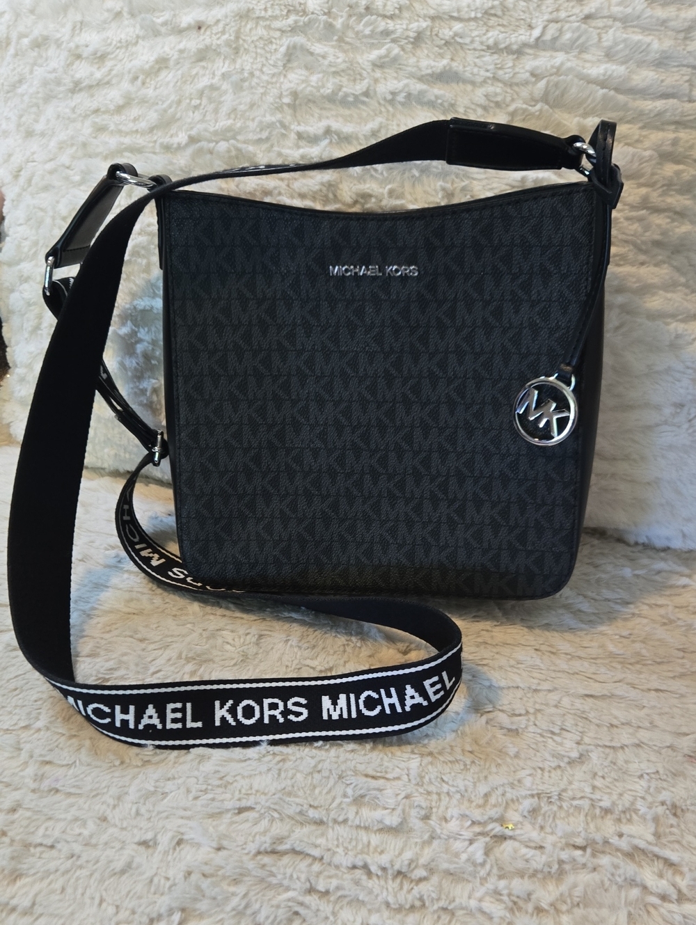 Michael Kors Black Logo-Print Messenger Bag with Branded Strap